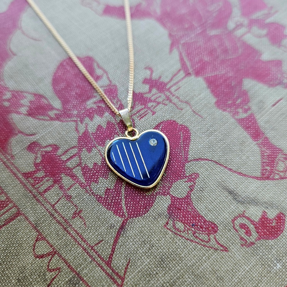 Vintage 70s Blue Heart Pendant Necklace Gold Tone Rhinestone Stripe Accent